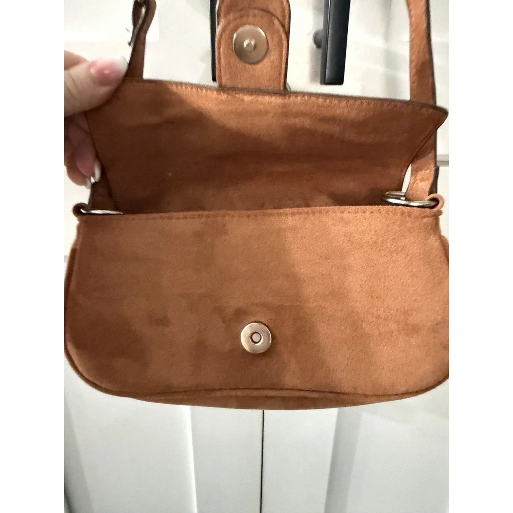 Faux Leather Suede Hobo Cognac Brown Bag Purse Tote Silver Hardware Festival